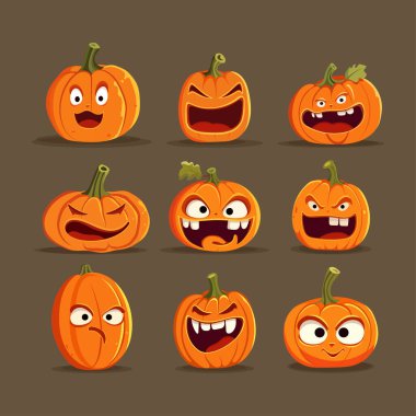 Gülen yüzlü Cadılar Bayramı balkabakları. Tasarım posteri, afişi ve baskısı için vektör düz çizim.