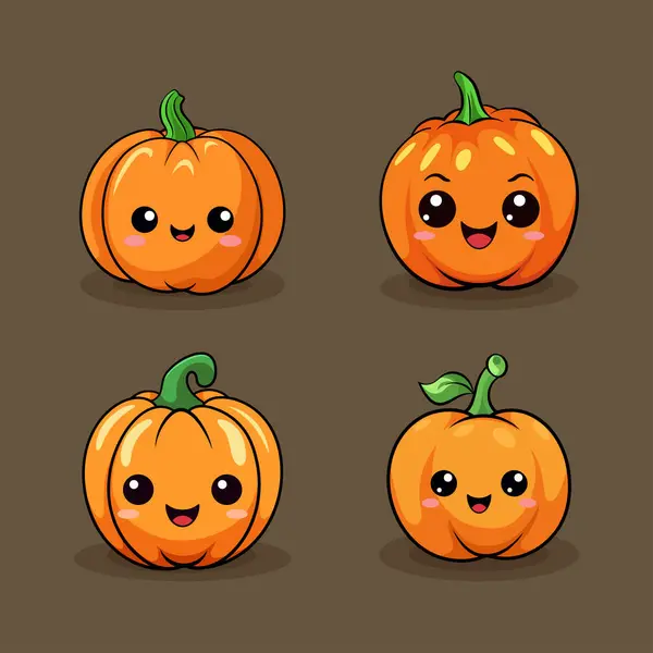 Set Von Halloween Kürbissen Mit Lächelnden Gesichtern Vektor Flach Illustration Vektorgrafiken