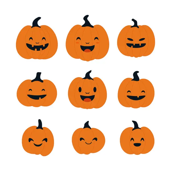 Set Von Halloween Kürbissen Mit Lächelnden Gesichtern Vektor Flach Illustration Vektorgrafiken