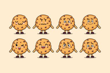 Kawaii Bisküvi çizgi film karakterini farklı ifadelerle çizgi film yüz çizimleri ile ayarla
