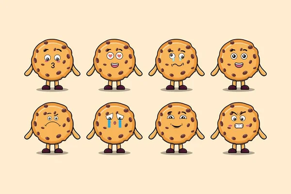 设置具有不同表情的卡通人脸矢量插图的卡瓦伊饼干卡通人物 — 图库矢量图片