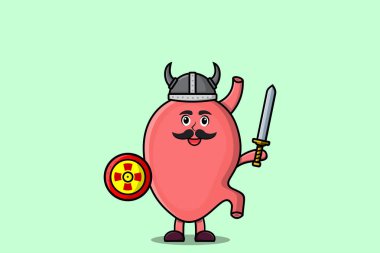 Sevimli çizgi film karakteri Mide Viking korsanı. Şapkası, kılıcı ve kalkan çizimi var.