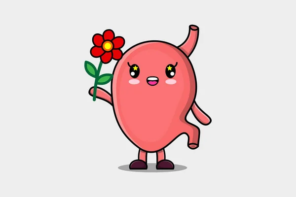 かわいい漫画コンセプト3D漫画スタイルで赤い花を保持胃の文字 — ストックベクタ