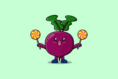 Çizgi film çiziminde elinde lolipop şekeri tutan sevimli bir pancar karakteri.