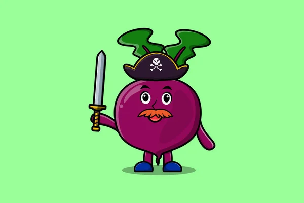 Lindo Personaje Mascota Dibujos Animados Remolacha Pirata Con Sombrero Espada — Vector de stock