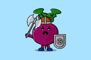 Sevimli çizgi film karakteri Pancar viking korsanı şapkası ve baltası ve kalkanı var.