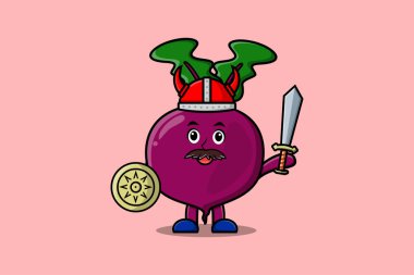 Sevimli çizgi film karakteri Pancar viking korsanı şapkalı ve elinde kılıç ve kalkan çizimi olan