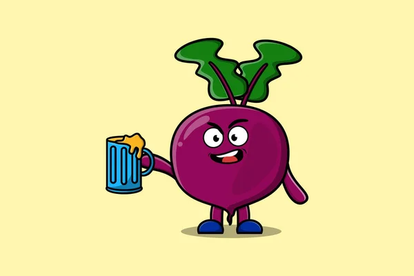 Cute Beetroot Cartoon Mascot Character Beer Glass Cute Stylish Design — Stock Vector