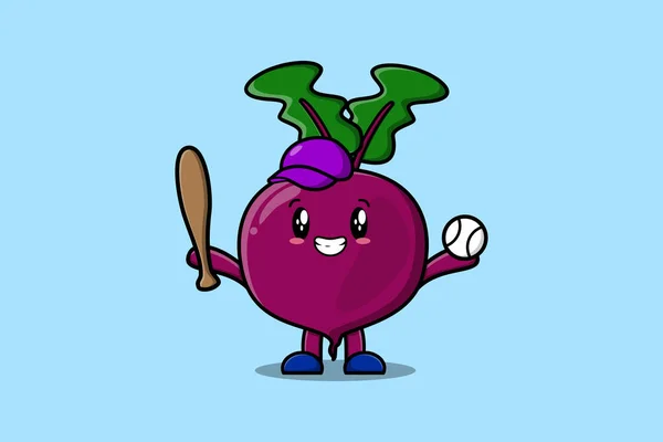 Mignon Personnage Dessin Animé Beetroot Jouer Baseball Dans Conception Style — Image vectorielle