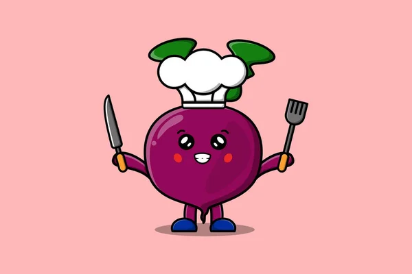 Cute Cartoon Beetroot Chef Character Holding Knife Fork Flat Cartoon — Stock Vector