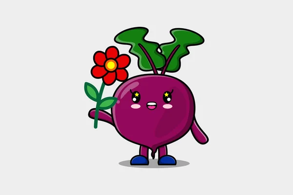 Mignon Personnage Betterave Dessin Animé Tenant Fleur Rouge Dans Style — Image vectorielle