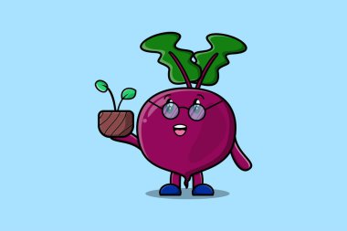 Şirin çizgi film çizimi. Pancar otunu düz, modern tarzda tasarlanmış bir saksıda tutuyor.