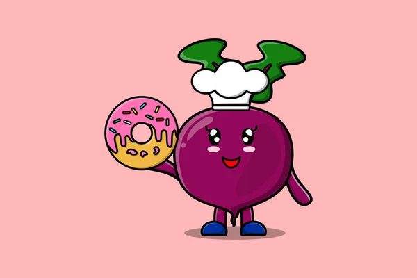 Leuke Cartoon Beetroot Chef Karakter Donuts Platte Cartoon Stijl Illustratie — Stockvector