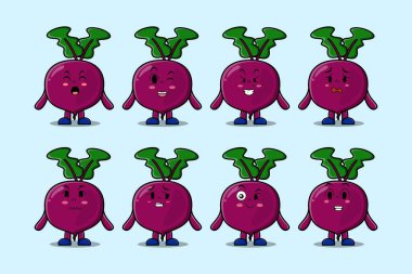 Farklı ifadeleri olan kawaii Pancar çizgi film karakterini çizgi film yüz çizimleri ile ayarla