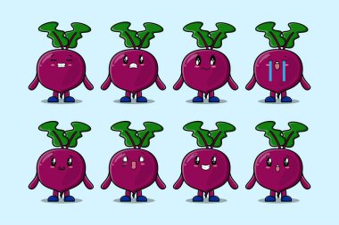 Farklı ifadeleri olan kawaii Pancar çizgi film karakterini çizgi film yüz çizimleri ile ayarla