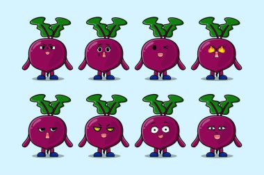 Farklı ifadeleri olan kawaii Pancar çizgi film karakterini çizgi film yüz çizimleri ile ayarla