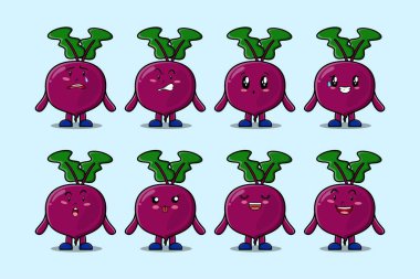 Farklı ifadeleri olan kawaii Pancar çizgi film karakterini çizgi film yüz çizimleri ile ayarla