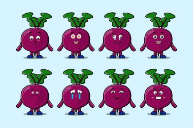 Farklı ifadeleri olan kawaii Pancar çizgi film karakterini çizgi film yüz çizimleri ile ayarla