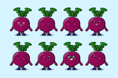 Farklı ifadeleri olan kawaii Pancar çizgi film karakterini çizgi film yüz çizimleri ile ayarla