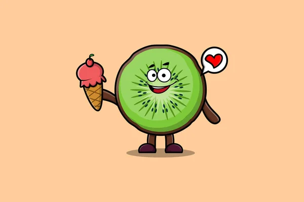 stock vector Cute Cartoon Kiwi fruit character holding ice cream cone in modern cute style illustration