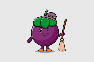 Tatlı çizgi film cadısı şapkası ve süpürgesi olan Mangosteen karakteri şeklinde şirin bir illüstrasyon.