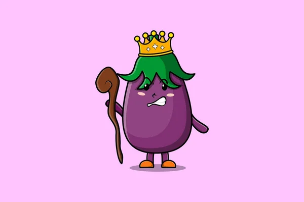 可爱的卡通茄子吉祥物 聪明的国王 头戴金冠 木棍图解 — 图库矢量图片