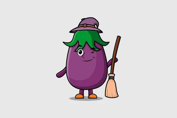 stock vector Cute cartoon witch shaped Eggplant character with hat and broomstick cute style illustration