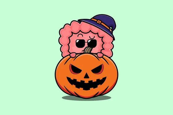 Cute Intestine Cartoon Character Hiding Pumpkin Halloween Illustration Flat Modern — Stock Vector