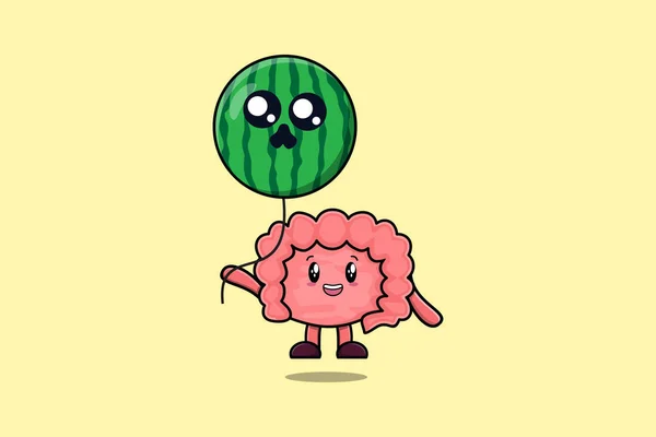 Cute Cartoon Intestine Floating Watermelon Balloon Flat Cartoon Vector Icon — Stock Vector