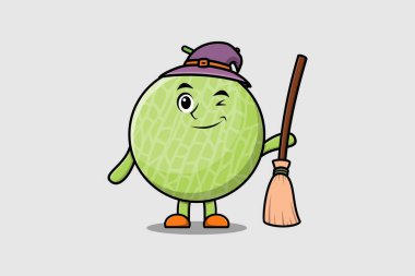 Tatlı çizgi film cadısı, şapka ve süpürge saplı karpuz karakterli şirin bir tasvir.