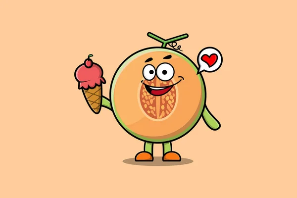 stock vector Cute Cartoon Melon character holding ice cream cone in modern cute style illustration