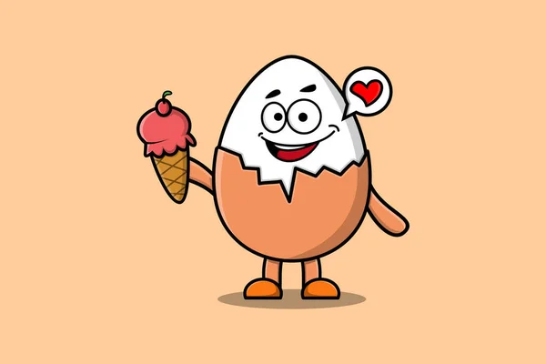 在现代可爱风格的图例中 可爱的卡通彩蛋角色拿着冰淇淋蛋筒 — 图库矢量图片
