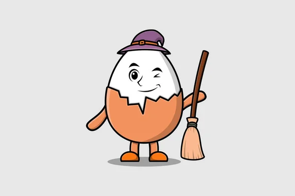带有帽子和扫帚棒的可爱风格插图的卡通漫画巫婆形沸腾蛋角色 — 图库矢量图片
