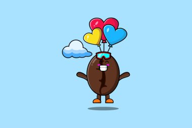 Şirin çizgi film Kahve Fasulyesi maskotu balonla paraşütle atlıyor ve mutlu bir jest modern tarzda