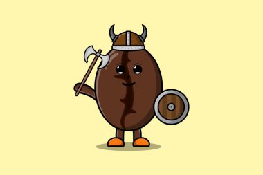 Sevimli çizgi film karakteri Kahve çekirdekleri şapkalı, elinde baltası ve kalkanı olan viking korsanı