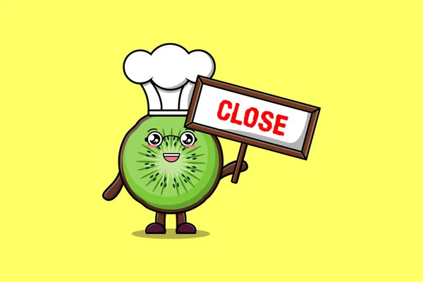Cute Cartoon Kiwi Fruit Chef Character Holding Close Sign Board — Stock Vector