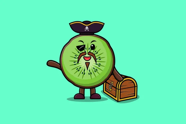 Söt Tecknad Karaktär Kiwi Frukt Pirat Med Skattkista Illustration Modern — Stock vektor