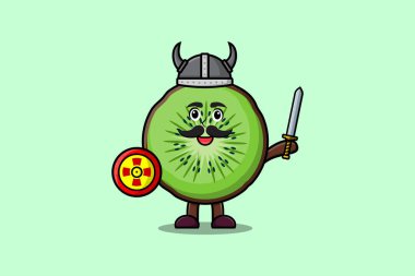 Sevimli çizgi film karakteri Kiwi meyve viking korsan şapkası ve kılıç ve kalkan çizimi ile