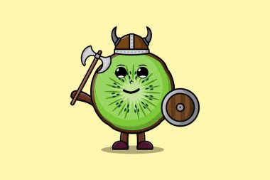 Tatlı çizgi film karakteri Kiwi meyve viking korsanı şapkası ve baltası ve kalkanı var.