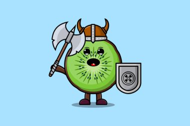 Tatlı çizgi film karakteri Kiwi meyve viking korsanı şapkası ve baltası ve kalkanı var.