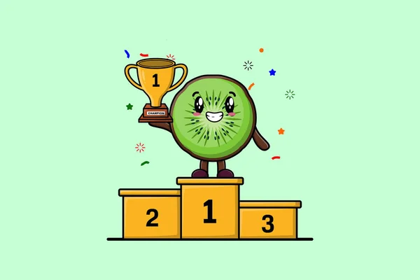 Lindo Personaje Dibujos Animados Kiwi Fruta Como Primer Ganador Con — Vector de stock
