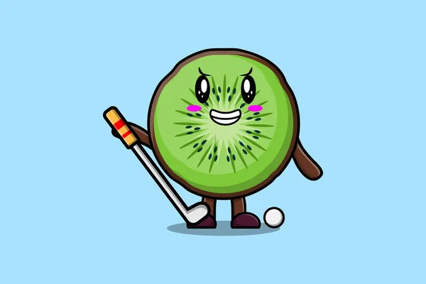 Niedliche Cartoon Kiwi Frucht Figur Spielt Golf Konzept Flachen Cartoon — Stockvektor