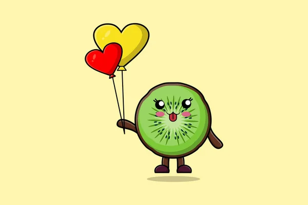 Leuke Cartoon Kiwi Fruit Drijven Met Liefde Ballon Cartoon Vector — Stockvector