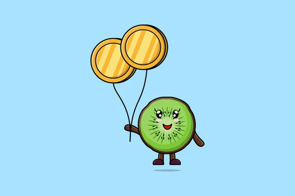Cute Cartoon Kiwi Fruit Businessman Floating Gold Coin Balloon Cartoon — Stock Vector