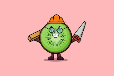 Tatlı çizgi film Kiwi meyvesi düz modern tarzda testereli ve ahşaplı marangoz karakteri.