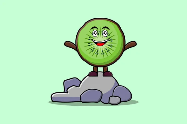 Niedliche Karikatur Kiwi Frucht Charakter Steht Stein Vektor Illustration Cartoon — Stockvektor