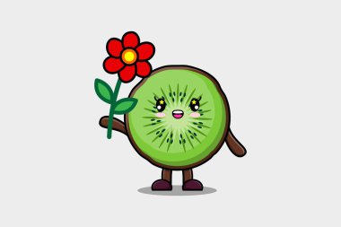 Tatlı çizgi film Kiwi meyve karakteri kavram 3D çizgi film tarzında kırmızı çiçek tutuyor
