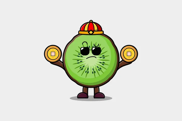 Desenhos Animados Bonitos Kiwi Fruta Chinês Personagem Segurando Moeda Vetor — Vetor de Stock