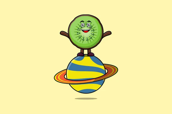 Cute Cartoon Kiwi Fruit Character Standing Planet Vector Icon Illustration — Stock Vector