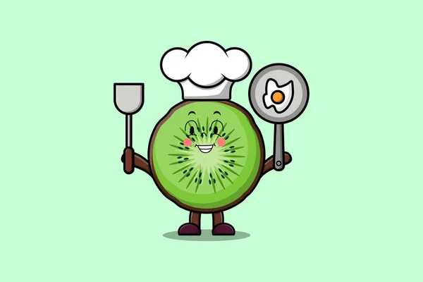 stock vector Cute cartoon Kiwi fruit chef character holding pan and spatula in flat cartoon style illustration